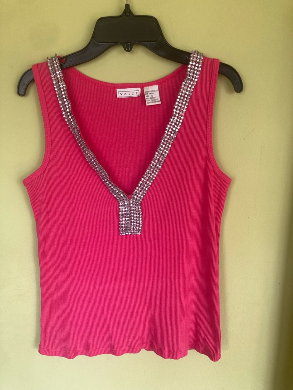 VOICE Hot Pink Ribbed Tank with Rhinestone V-Neck Trim Rare